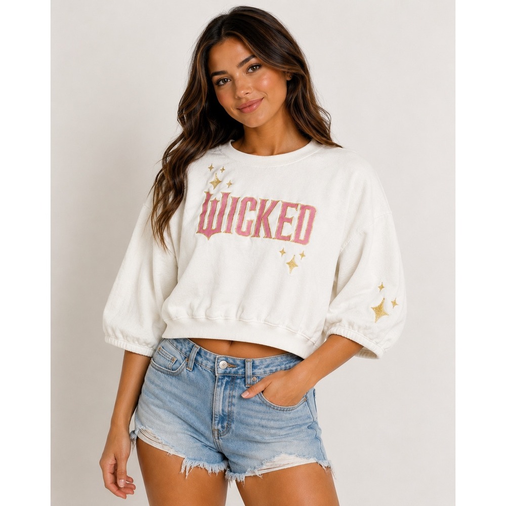 Wicked Universal Studios Cropped Sweatshirt XL White Pink Gold Glitter Stars